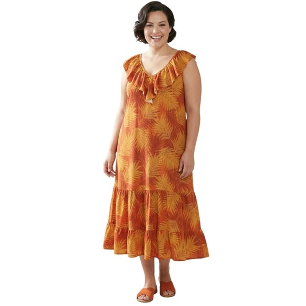 Mlle Gabrielle Womens 3X Orange Tropical Palm Tiered Boho‎ Midi Sundress